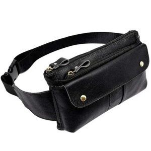 𝅺New Leather Fanny Pack, Waist Bag for Travel Outdoor Black 20